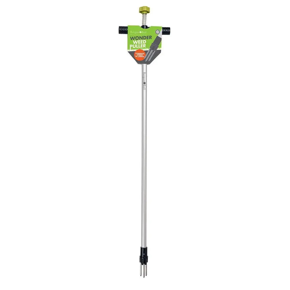 Burgon and Ball Wonder Weed Puller with green and black handle head, silver metal shaft, and forked foot for extracting weeds from gardens