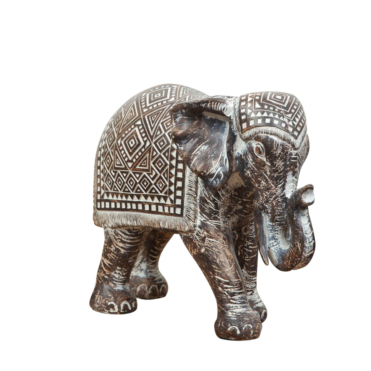 Decorative elephant figurine with intricate patterns on a white background