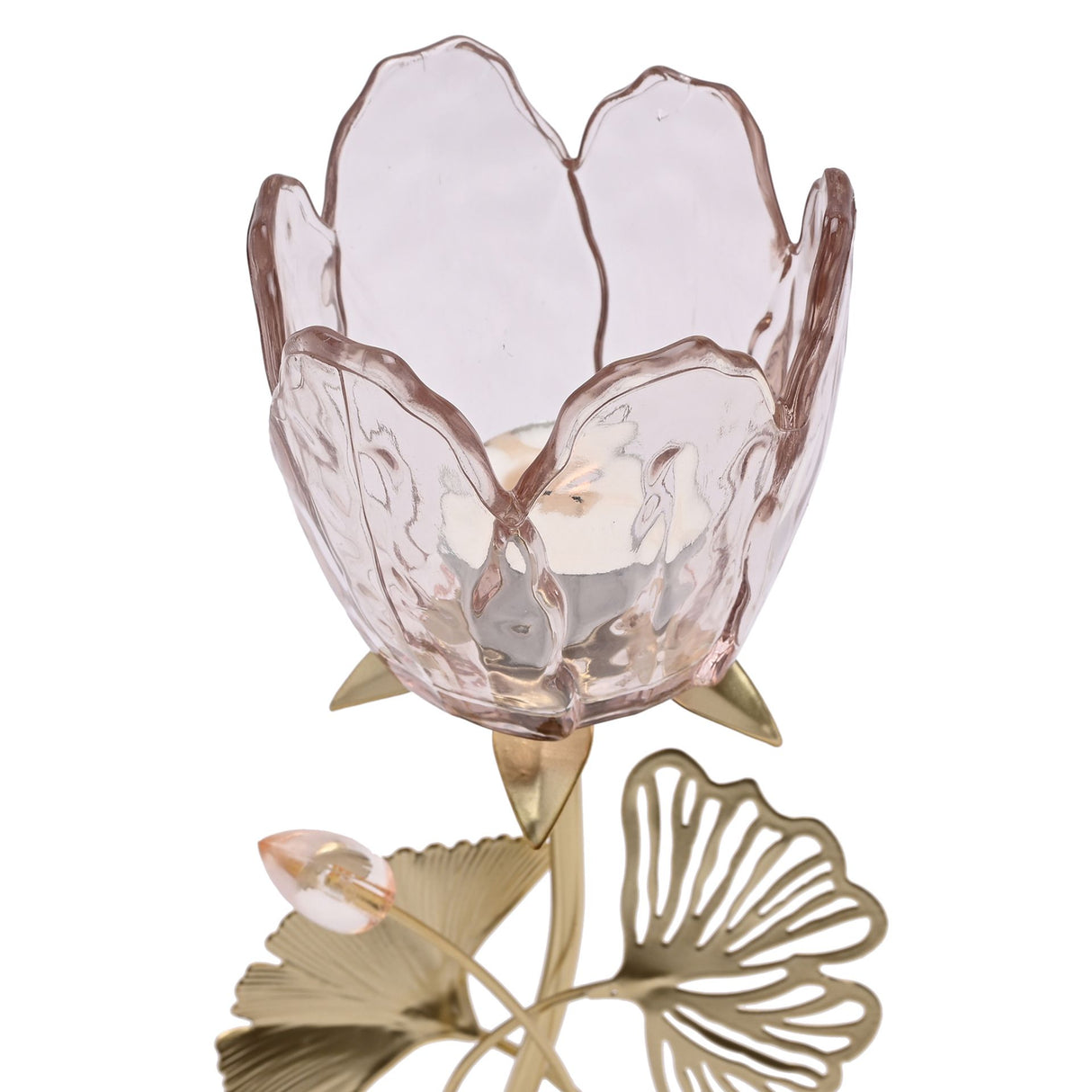 Hestia single stem candle holder featuring blush pink glass flower-shaped cup on gold metal base with decorative leaf details