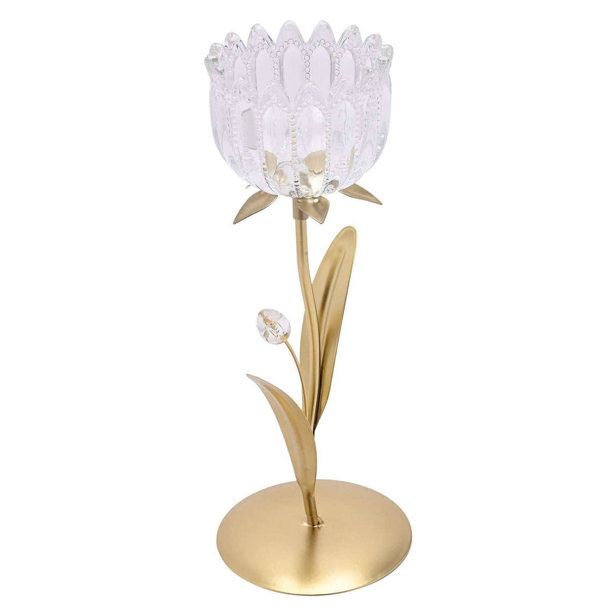 Hestia single stem candle holder featuring clear glass tulip-shaped shade with decorative beaded pattern on brushed gold metal base and stem with leaf detail