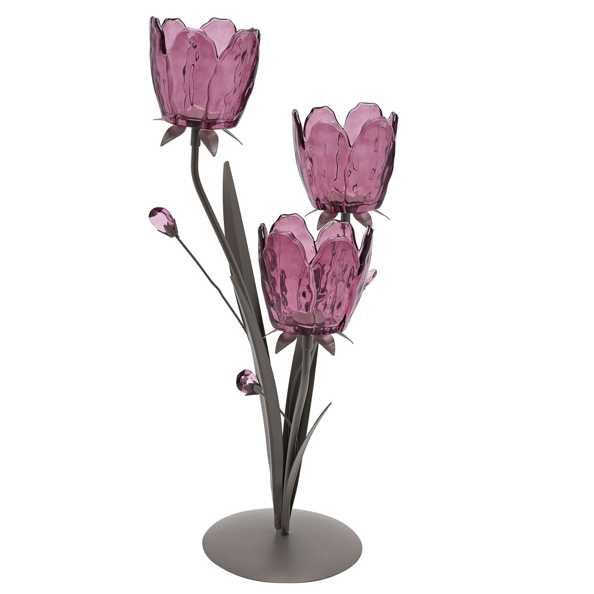 Hestia 3 stem candle holder featuring plum purple glass tulip-shaped cups with textured surfaces on taupe metal base and stems, decorative bow accents, with unopened buds