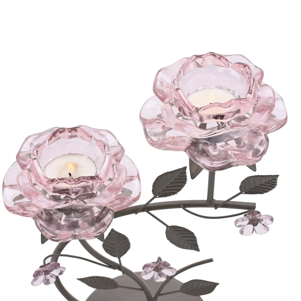 Hestia Pink Glass Rose 2 Stem Candle Holder on a Taupe Base | HE2535