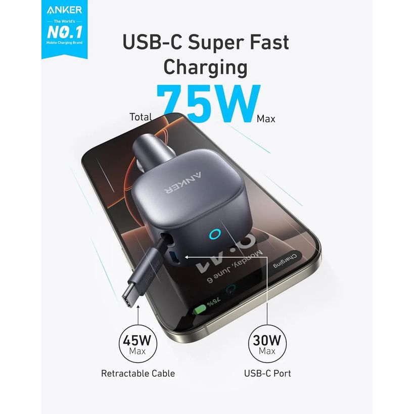 Anker Nano Car Charger 75W USB C Port and Built In Retractable USB C Cable | A2738HA2