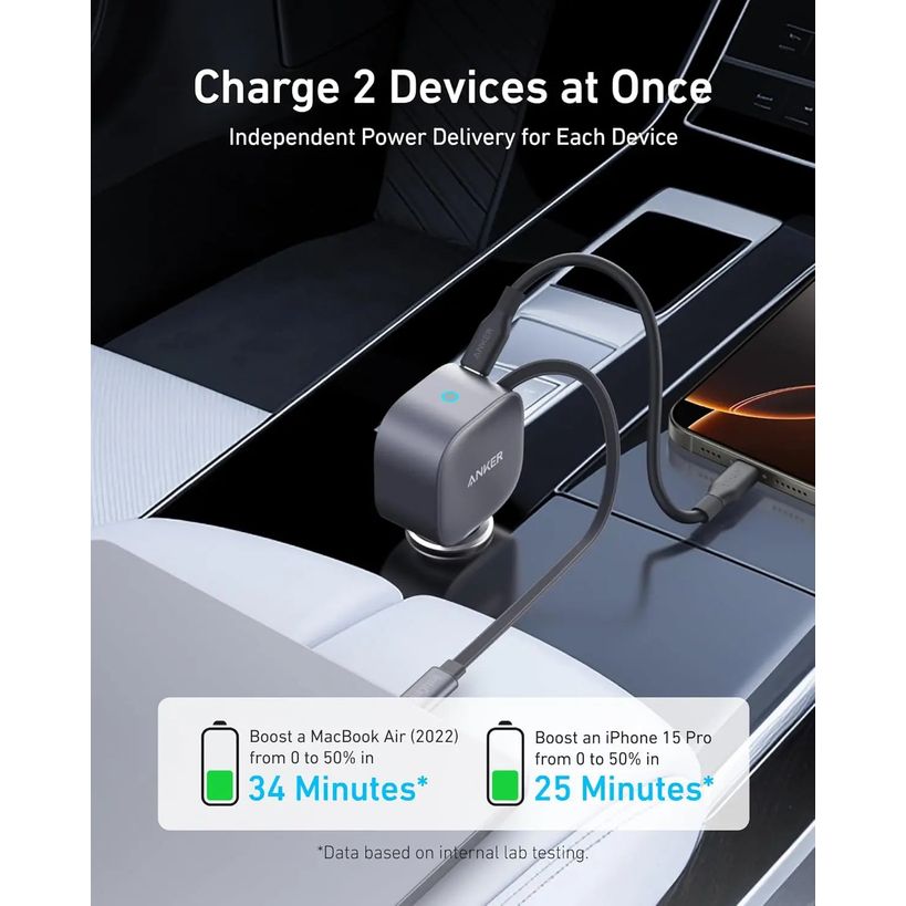 Anker Nano Car Charger 75W USB C Port and Built In Retractable USB C Cable | A2738HA2