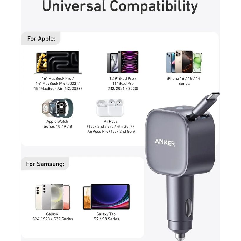 Anker Nano Car Charger 75W USB C Port and Built In Retractable USB C Cable | A2738HA2