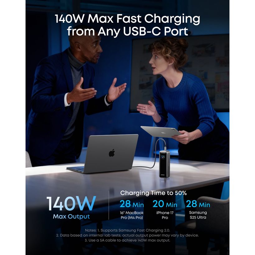 Anker Prime 20,000mAh Powerbank 200w 2 x USB C 1 x USB A Charging - Black | A110BH11