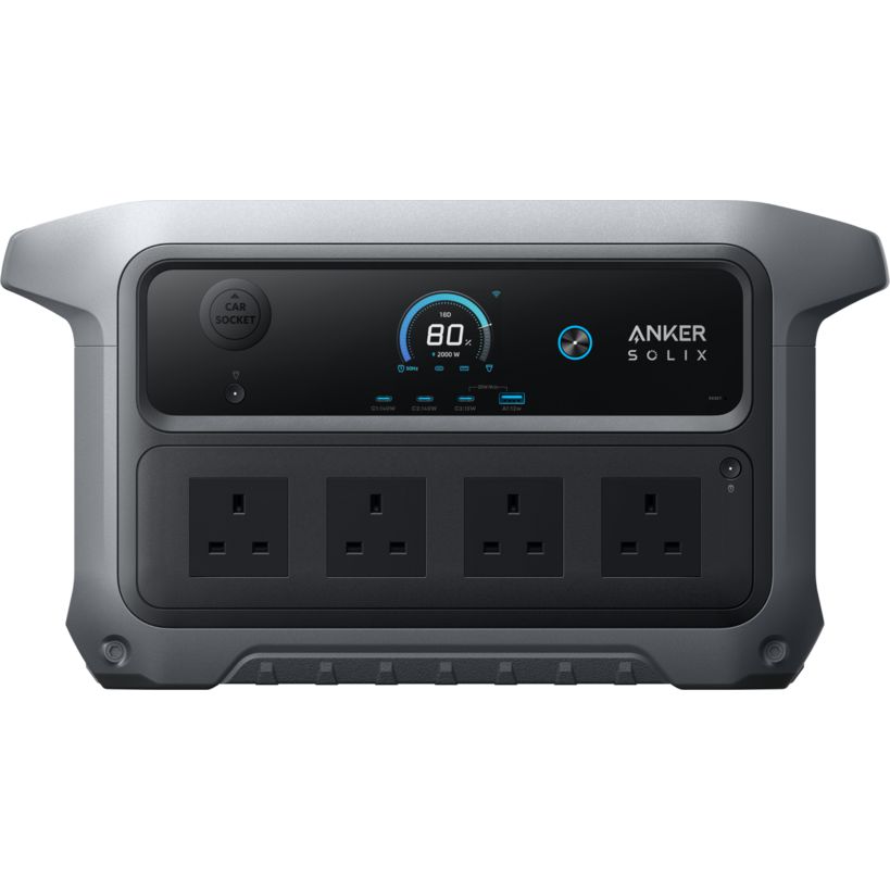 Anker SOLIX C2000 Gen 2 portable power station with 2048Wh capacity, featuring gray and black rugged casing, digital display showing 80% battery level, four AC outlets, USB ports, car socket, and illuminated control panel with blue accents