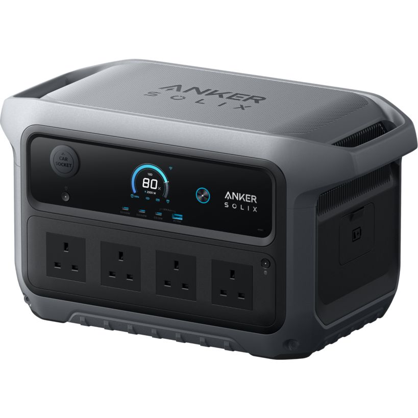 Anker SOLIX C2000 Gen 2 portable power station with gray top panel and black front face featuring digital display showing 80% battery level, four AC power outlets, and multiple control buttons
