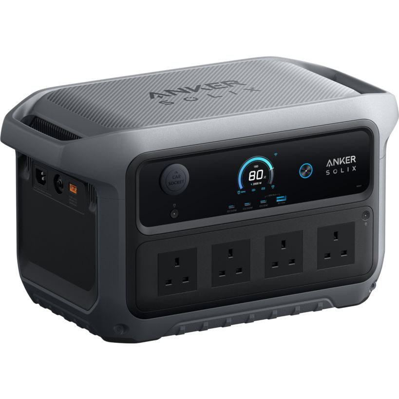 Anker SOLIX C2000 Gen 2 portable power station with gray and black design, featuring digital display showing 80% battery level, four AC outlets, control buttons, and top carrying handle on white background