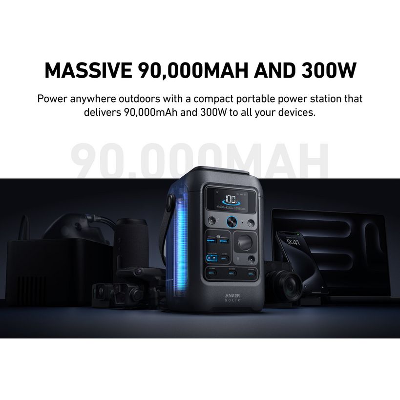Anker Solix C300X portable power station with 90,000mAh capacity and 300W output displayed in black with blue LED lighting, surrounded by connected devices including camera, laptop and smartphone