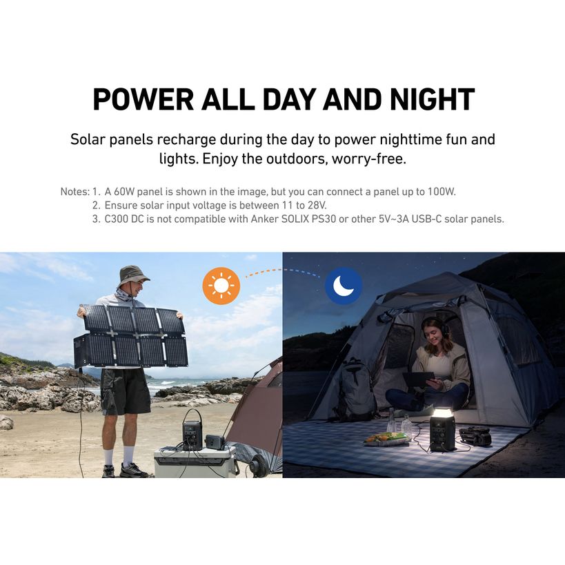 Anker Solix C300X portable power station promotional image showing daytime beach camping with foldable solar panels and nighttime tent camping with battery-powered lighting and laptop usage