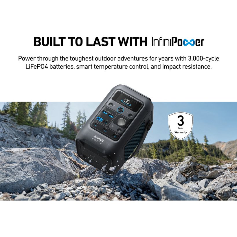 Anker Solix C300X portable power station with InfiniPower technology displayed on rocky outdoor terrain with forest background, featuring black rugged design, digital display, blue control buttons, and 3-year warranty badge