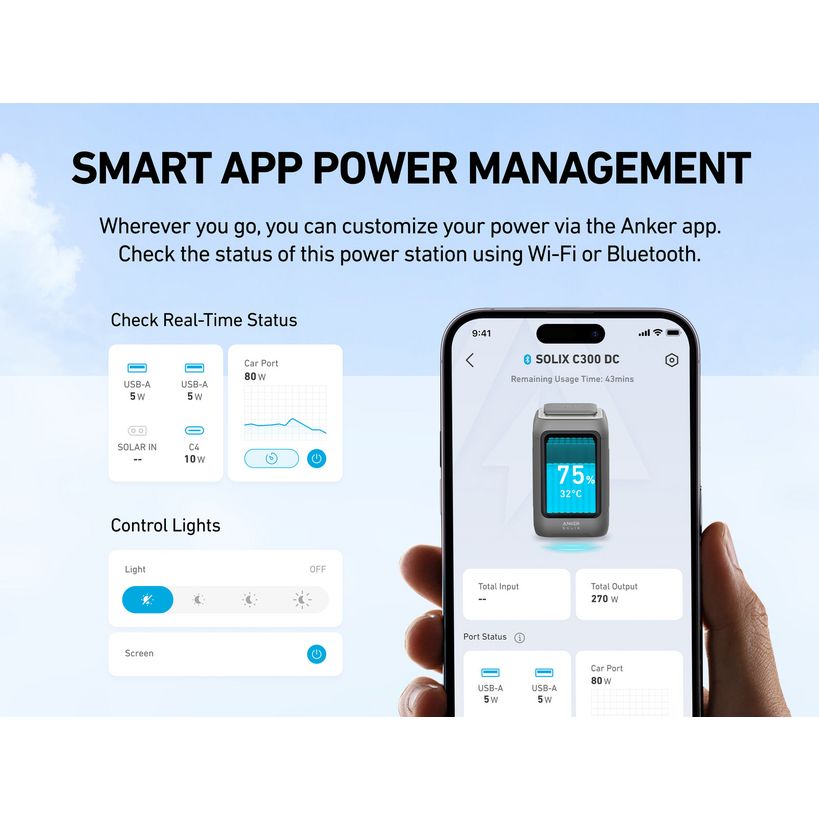 Smart app power management interface for Anker Solix C300 DC portable power station showing real-time battery status at 75%, power output of 270W, and control options for USB ports and car port displayed on smartphone screen with light control panel and usage metrics visible on left side