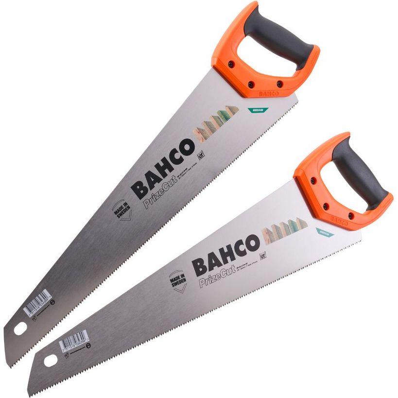 Bahco PrizeCut 550mm hardpoint handsaws twin pack with orange handles and black grips, featuring gray steel blades and tooth pattern detail on white background