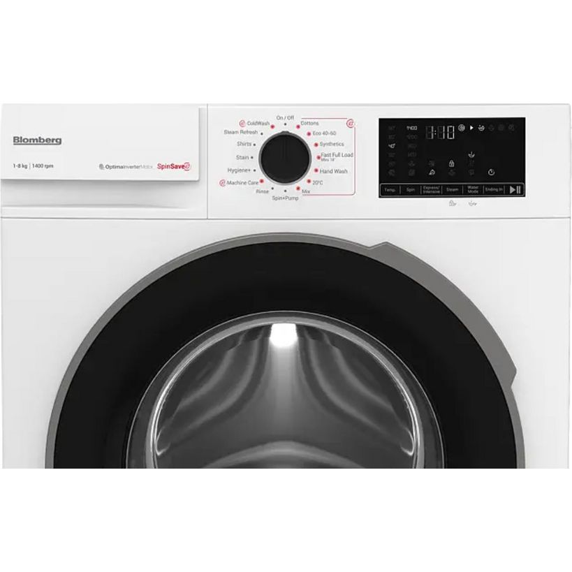Blomberg 8kg 1400 spin white washing machine front view showing circular black drum, control dial, digital display panel and machine specifications label