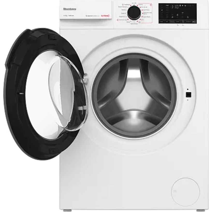 Blomberg white front-load washing machine with 8kg capacity and 1400 spin speed, door open showing stainless steel drum, digital control panel visible on top