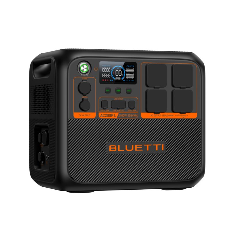 Bluetti AC200PL portable power station with 2400W output and 2304Wh capacity, featuring black rugged casing with diagonal carbon fiber pattern, orange accents, digital display screen, multiple control buttons, four AC outlets on right side, and dual power input ports on left side