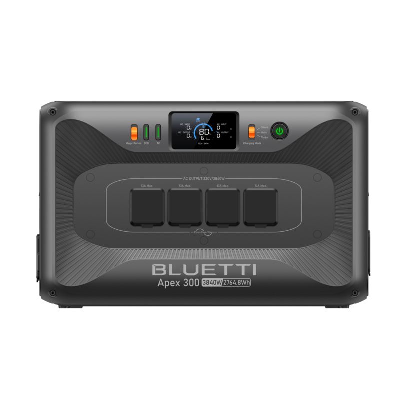 Bluetti Apex 300 portable power station with dark gray casing, digital display showing 80W output, four AC outlets rated 12A max each, Magic Button controls, and charging mode indicator on front panel