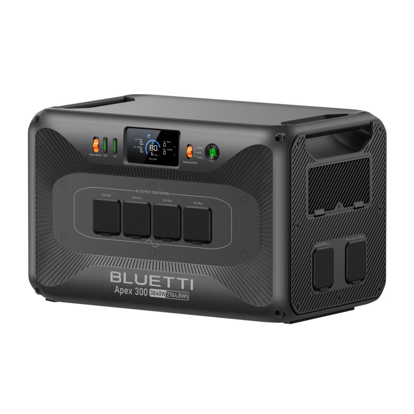 Bluetti Apex 300 portable power station with 3840W capacity in dark gray with carbon fiber textured finish, featuring digital display panel, four AC output sockets, side ventilation grilles, and status indicator lights on top
