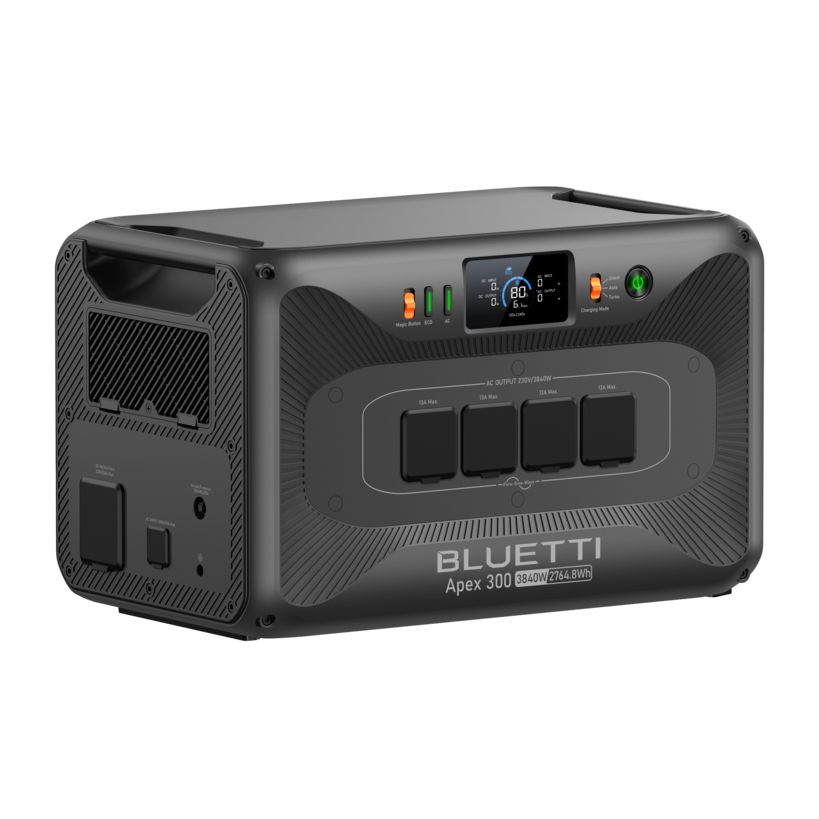 Bluetti Apex 300 portable power station with dark gray textured casing, digital display panel with charging status, four AC outlet switches, indicator lights, and ventilation grille on side, front view showing 3840W 2765Wh capacity specifications