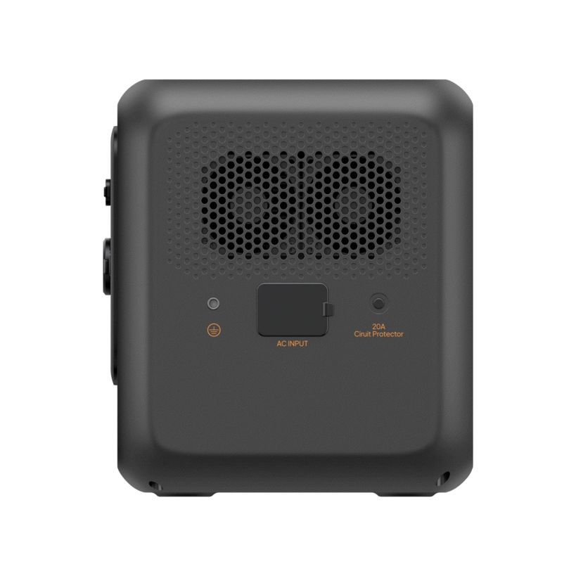 Dark grey Bluetti Premium 100 V2 portable power station with honeycomb ventilation grille, AC input port, 20A circuit protector, and side-mounted controls on compact rectangular body