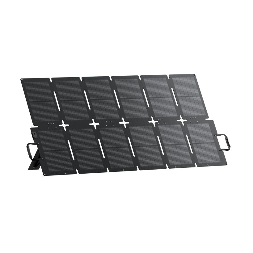Bluetti Sora 220W foldable solar panel with six black photovoltaic panels arranged in two rows, featuring white connection points and a carrying handle, displayed at an angle against a white background