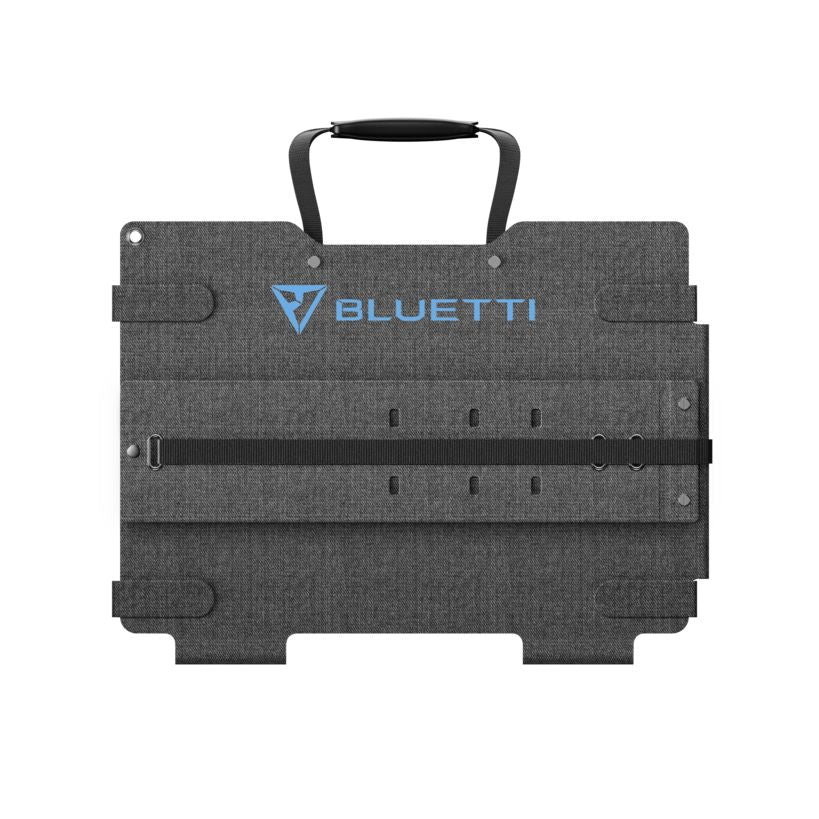 Bluetti Sora 220W foldable solar panel in dark gray fabric with blue logo and black handles, front view showing accordion-style design with adjustment straps