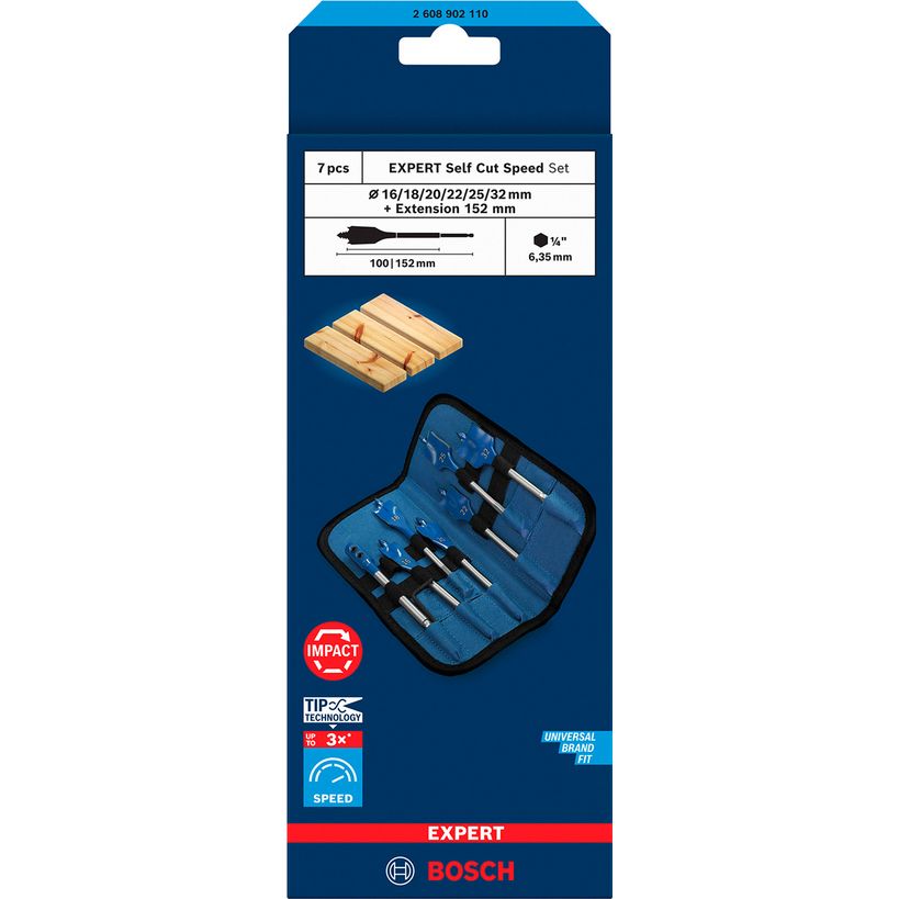 Bosch Expert Self Cut Speed 7 piece spade drill bit set in blue carrying case showing drill bits ranging from 16-32mm diameter with 152mm extension and 1/4 inch hex shank