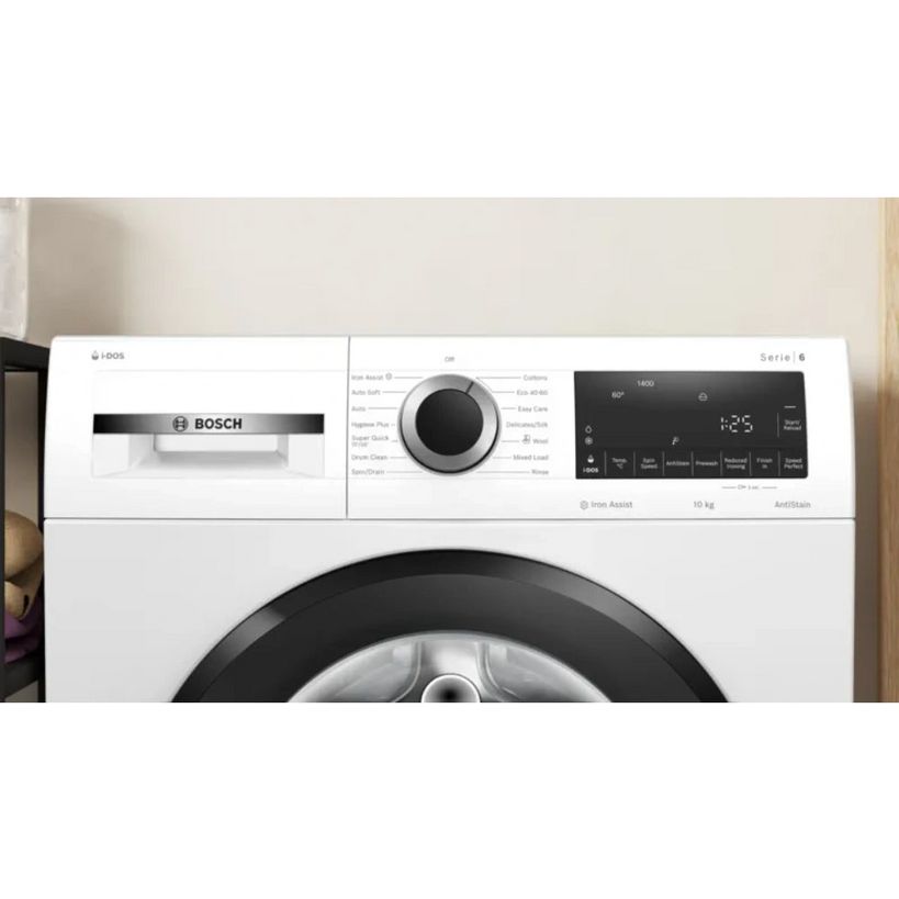 Bosch Series 6 white front-loading washing machine with 10kg capacity, 1400 spin speed, featuring digital display showing 1:25 time, large black door, control dial and button panel, model WGG254F1GB