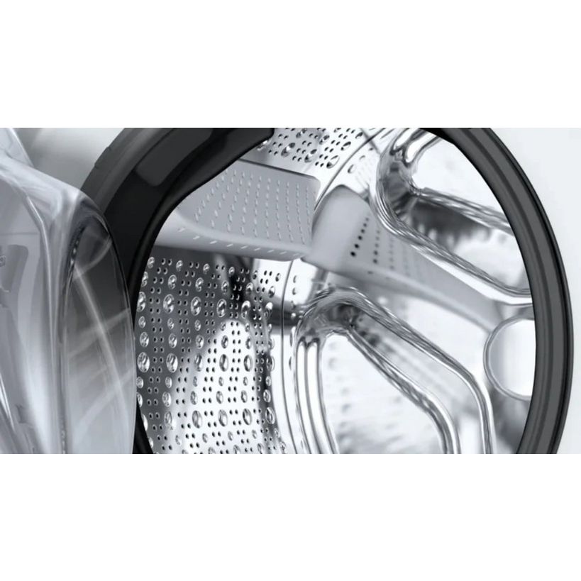 Close-up interior view of Bosch Series 6 washing machine drum showing stainless steel perforated basket with water droplets and black rubber seal ring