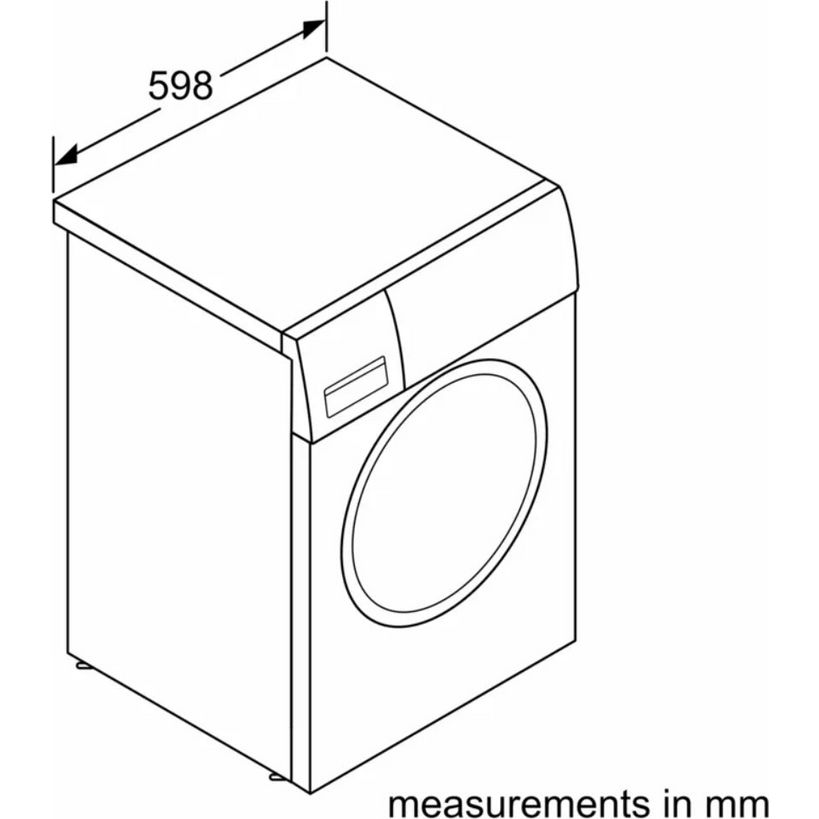 Isometric technical drawing of a white Bosch Series 6 washing machine showing front-loading design with circular drum door, control panel, and dimension marking of 598mm at top