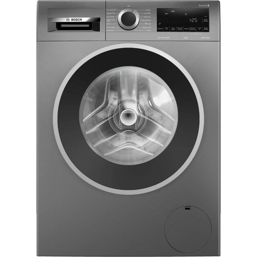 Bosch Series 6 graphite grey front-load washing machine with 9kg capacity, 1400 spin speed, featuring a large circular porthole window with black trim, digital display panel, control dial, and stainless steel drum visible through the glass door
