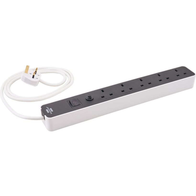 Brennenstuhl 5 gang extension lead with white cable and grey power strip featuring multiple UK sockets and power switch, 1.5 metre trailing lead with white three-pin plug