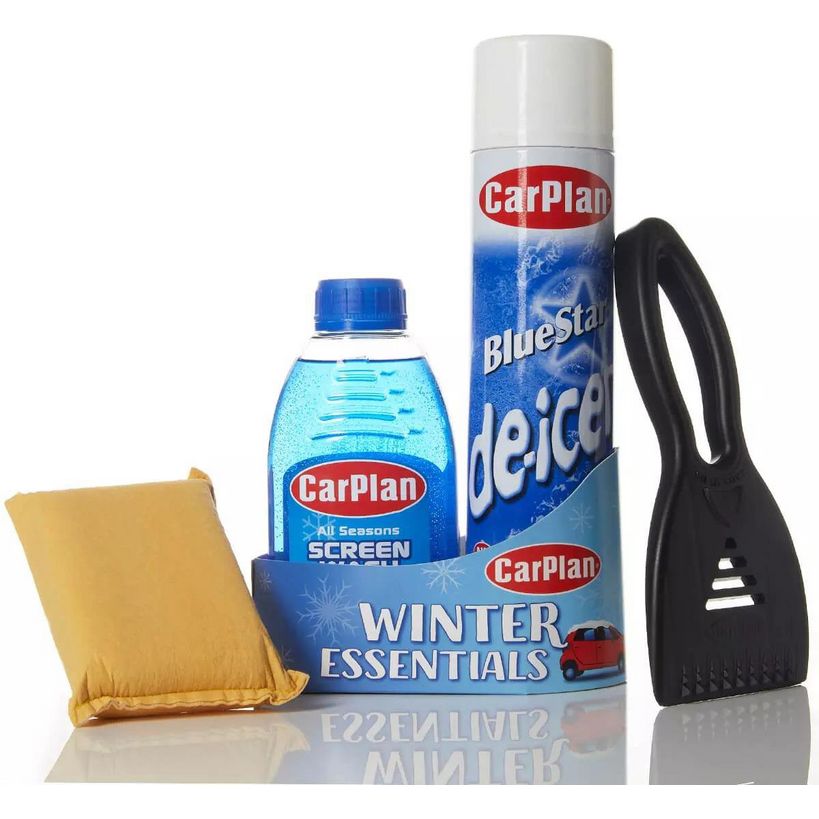 CarPlan Winter Essentials car care kit containing yellow microfiber cloth, blue All Seasons screen wash bottle, blue de-icer spray can, and black ice scraper with handle displayed against white background