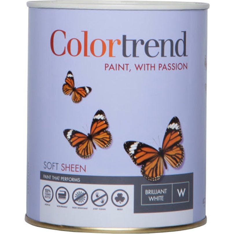 Colortrend 1 litre soft sheen paint tin in brilliant white with orange and black monarch butterflies on lavender label, featuring paint performance icons and product specifications