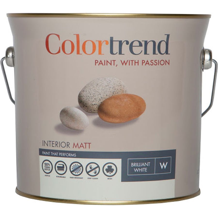 Colortrend 3 litre Interior Matt paint can in Brilliant White with metal handles, featuring product performance icons and natural stone texture imagery on the label