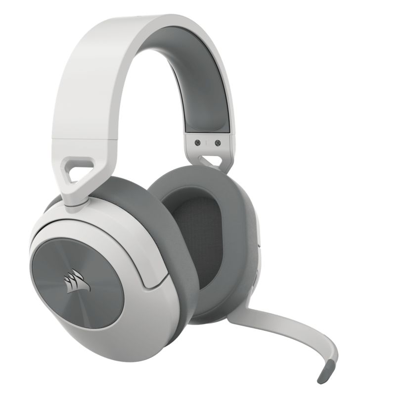 Corsair HS55 Wireless Gaming Headset in white and grey with padded ear cups, adjustable headband, detachable microphone boom and Corsair logo on ear cup