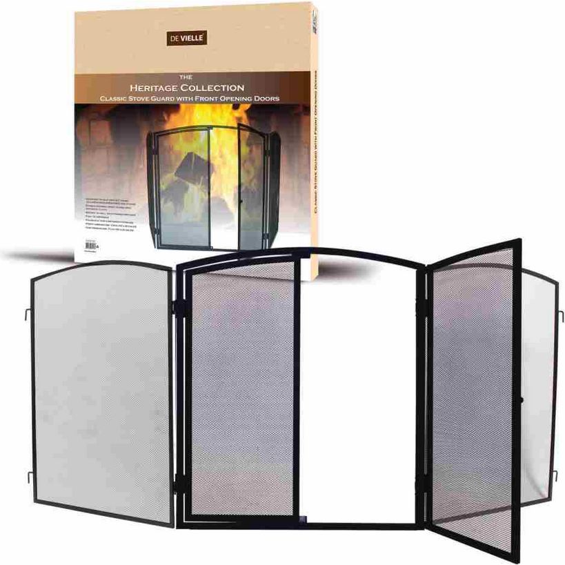 De Vielle Heritage Collection black metal stove guard with mesh panels and front opening doors, shown with product packaging box against white background