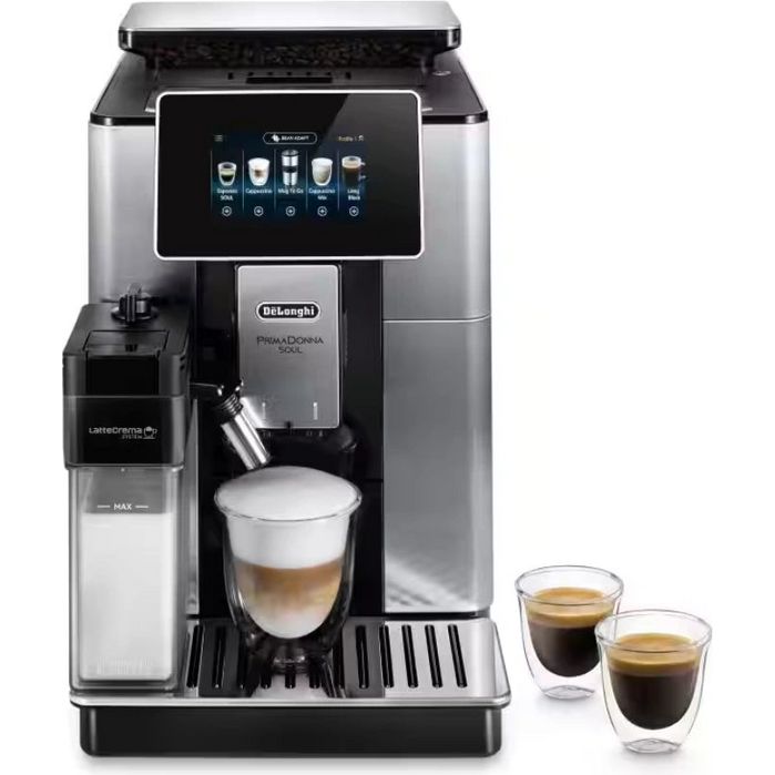 DeLonghi PrimaDonna Soul automatic espresso machine in metal black with touchscreen display, milk frother, and two cups of freshly brewed espresso and cappuccino