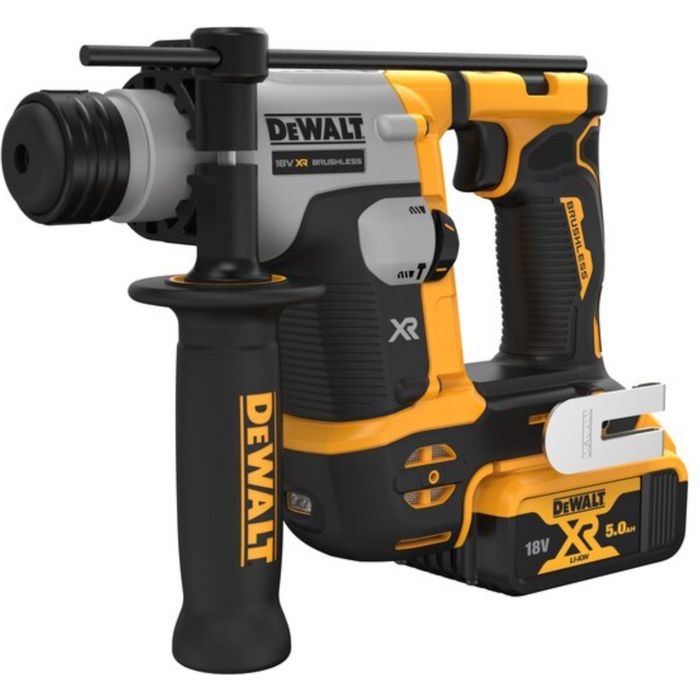 DeWalt DCH172P2 18V XR brushless SDS plus rotary hammer with yellow and black body, compact design, dust extraction system, and 5.0Ah lithium-ion battery shown in product shot