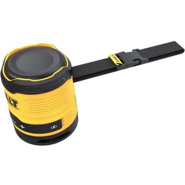 DeWalt DCR009 compact Bluetooth speaker in yellow and black with adjustable shoulder strap, featuring mesh speaker grille and control buttons