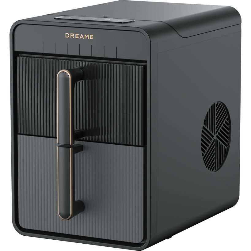 Dreame Aura Bullet Ice Machine Maker IB-50 in black with vertical ribbed design, gold accents, front door with handle, and ventilation grille on right side