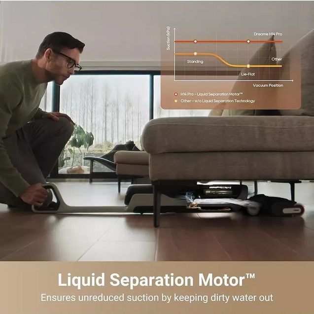 Man in olive green shirt demonstrating Dreame H14 Pro wet and dry vacuum cleaner on wooden floor with beige sofa, featuring overlay diagram showing Liquid Separation Motor technology and vacuum position modes in modern living room with large windows