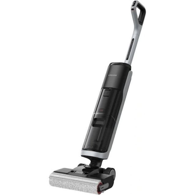Dreame H14 Pro wet and dry vacuum cleaner with black and grey dual-tank design, featuring a long handle with ergonomic grip and motorized cleaning head with red accents on white brush roll