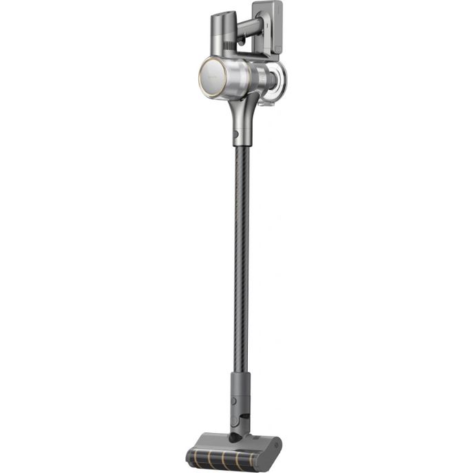 Dreame R20 cordless stick vacuum cleaner in silver and grey with extended pole, motorized brush head and wall-mounted charging dock