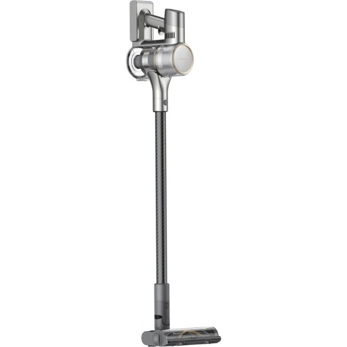 Dreame R20 cordless stick vacuum in silver with telescopic pole, motorized brush head, and charging dock base shown against white background