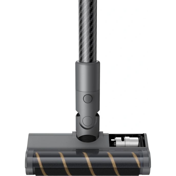 Dreame R20 cordless stick vacuum cleaner with silver metal pole and motorized brush head featuring black roller with gold stripes, shown against white background