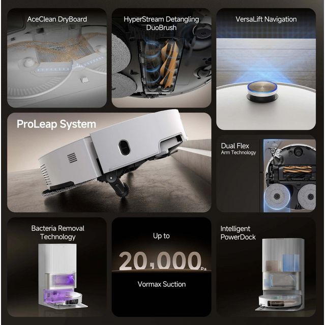 Dreame X50 Ultra robot vacuum cleaner white with feature highlights including AceClean DryBoard, HyperStream Detangling DuoBrush, VersaLift Navigation, ProLeap System, Dual Flex Arm Technology, Bacteria Removal Technology, up to 20000Pa Vormax Suction, and Intelligent PowerDock