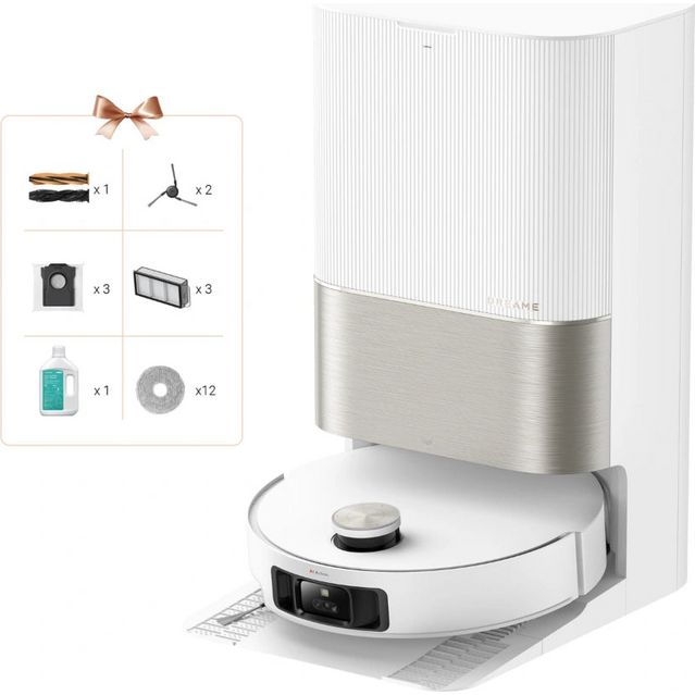 Dreame X50 Ultra robot vacuum cleaner in white with silver metallic base shown with self-emptying dock, alongside included accessories pack containing brushes, filters, cleaning solution and replacement parts