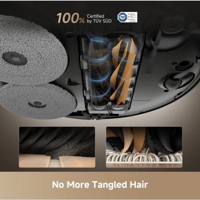 Dreame X50 Ultra robot vacuum cleaner showing internal brush system with orange and black anti-tangle hair removal technology, certified by TÜV SÜD, featuring dual gray collection pads and close-up detail views of the brush design preventing hair entanglement